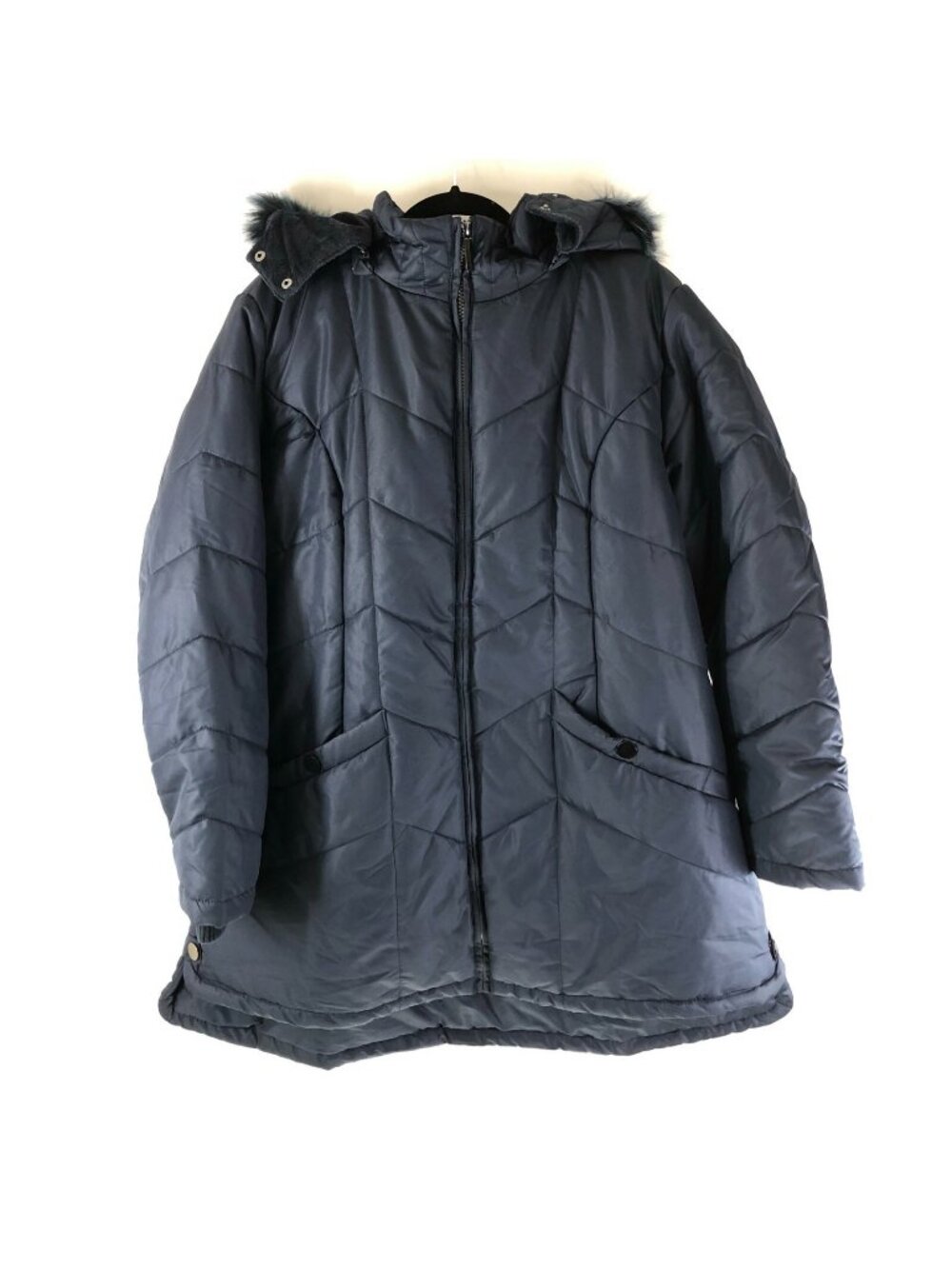 Catherines Womens Puffer Coat Hooded Faux Fur Trim Pockets Zip Navy Blue Size 0X